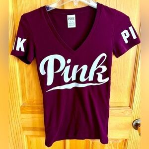 Victoria’s Secret PINK XS Burgundy Short Sleeve Tee Graphic Logo Tee Shirt Top